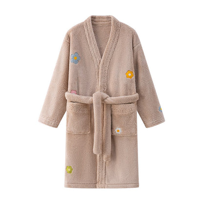 Floral Plush Child Robe with Pocket - Coffee - Child:140-160cm - image 9