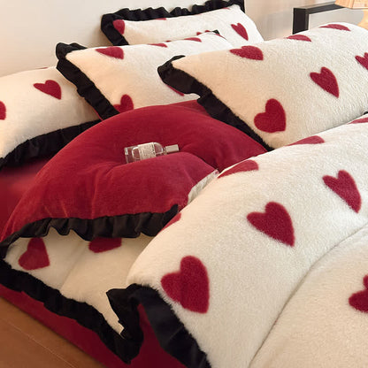 Heart-Print Plush Bedding Set with Romantic Ruffles(4PCS) - Red - King - image 0
