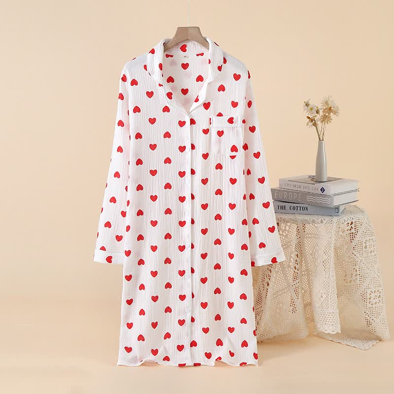 Heart Pure Cotton Gauze Button Nightgown - White - XL - image 10