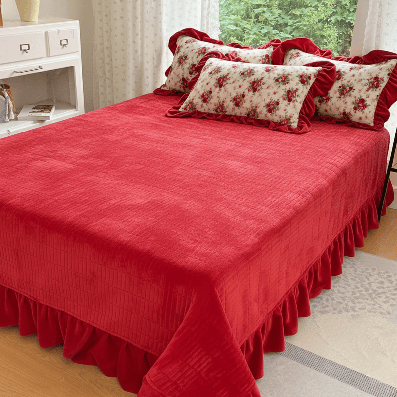 Romantic Vintage Rose Floral Velvet Bedding - Bed Skirt with 2pcs Pillowcases - King - image 5
