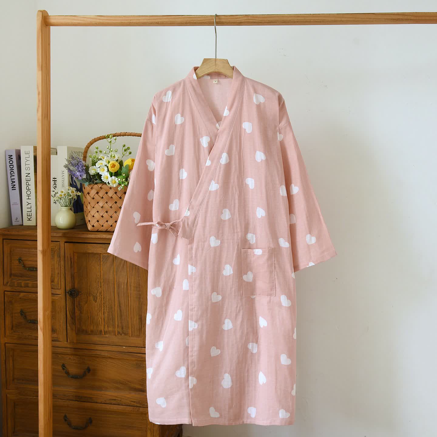 Heart Cotton Gauze Kimono Bathrobe - Pink - L - image 2
