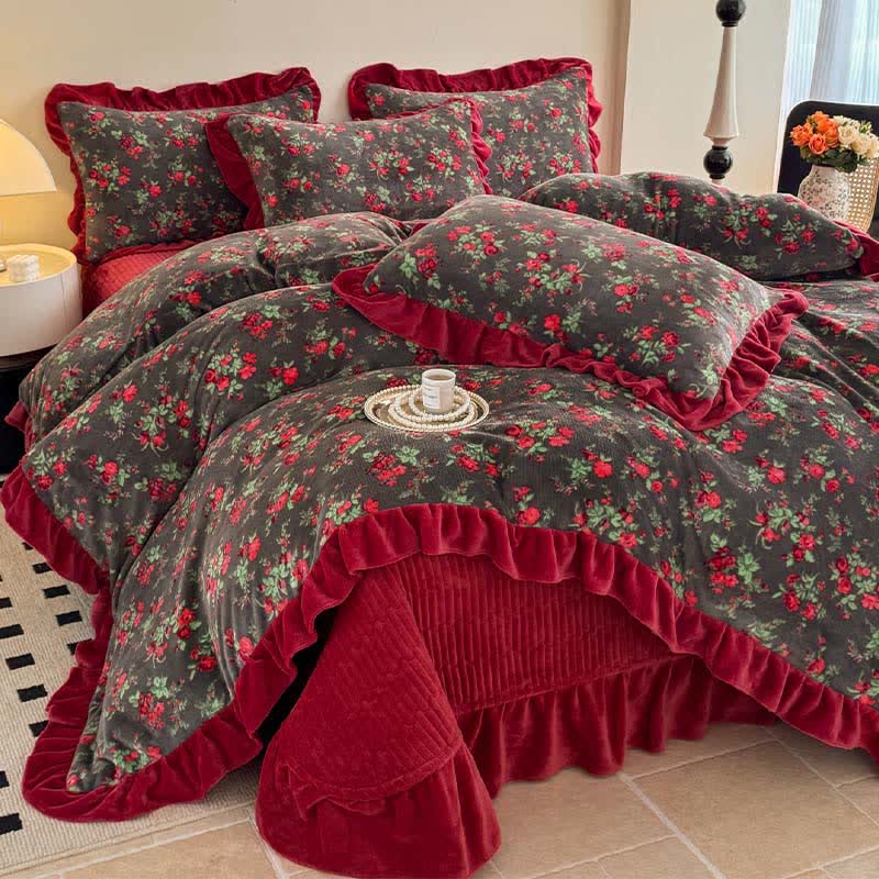 Vintage Rose Floral Velvet Ruffle Bedding - image 2