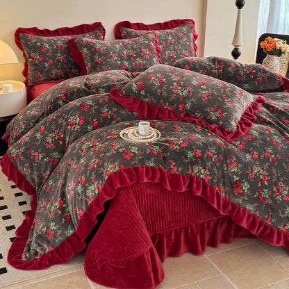 Vintage Rose Floral Velvet Ruffle Bedding - image 2