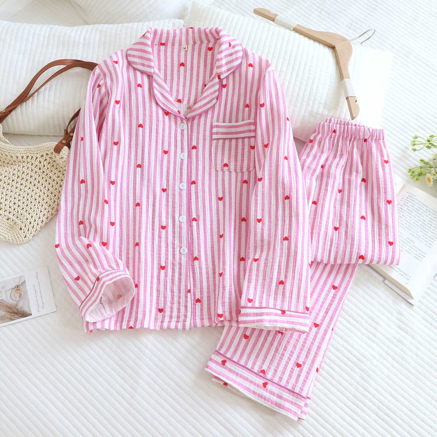 Stripe Heart Cotton Gauze Pajama Set - Pink - XL - image 5