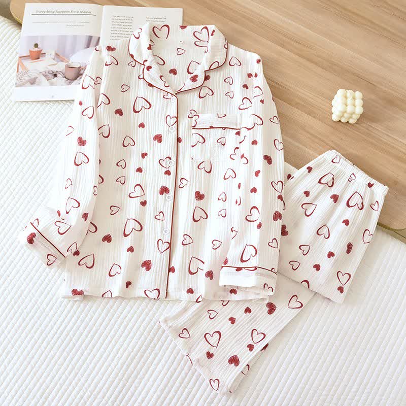 Heart Doodle Cotton Gauze Pajama Set - White - XL - image 0