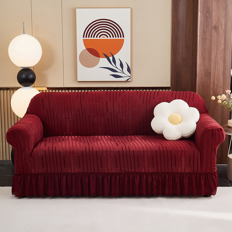 3D Jacquard Thickened Sofa Cover with Ruffled Skirt - Wine - 4-Seater 92" - 118" - image 5
