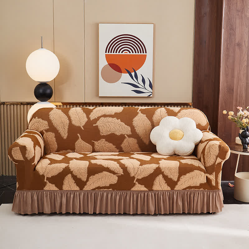 Jacquard Leaf Elastic Full-Wrap Slipcover - Coffee - 4-Seater 92" - 118" - image 0