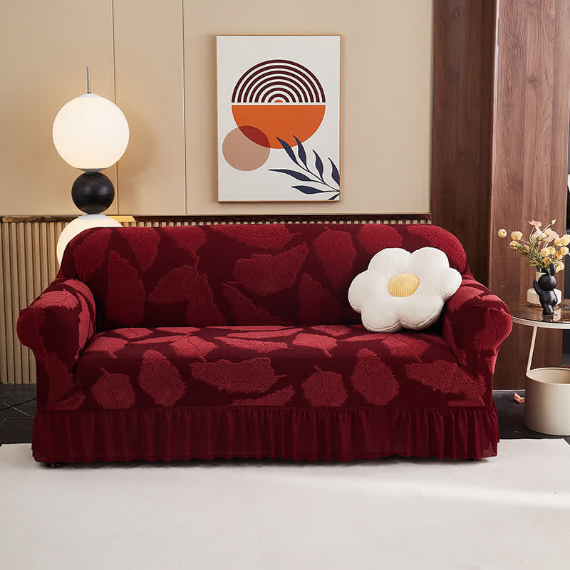 Jacquard Leaf Elastic Full-Wrap Slipcover - Wine - 4-Seater 92" - 118" - image 11