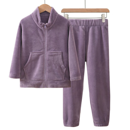 Solid Color Zip-up Warm Child Pajama Set - Purple - Child:160cm - image 6