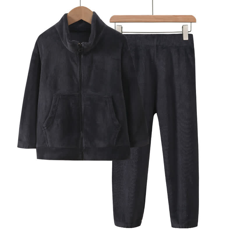 Solid Color Zip-up Warm Child Pajama Set - Gray - Child:160cm - image 5