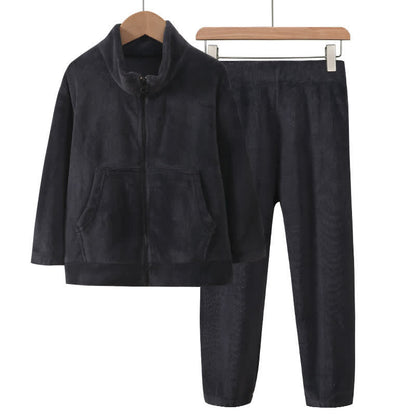 Solid Color Zip-up Warm Child Pajama Set - Gray - Child:160cm - image 5