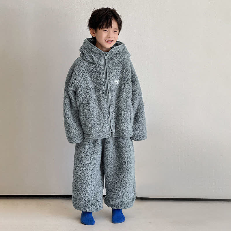 Solid Zip-up Hooded Child Loungewear Set - Blue - Child:170cm - image 2