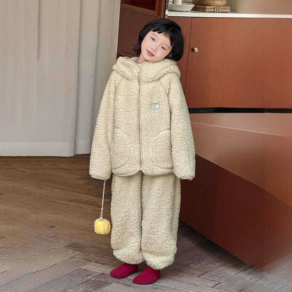 Solid Zip-up Hooded Child Loungewear Set - Beige - Child:170cm - image 7