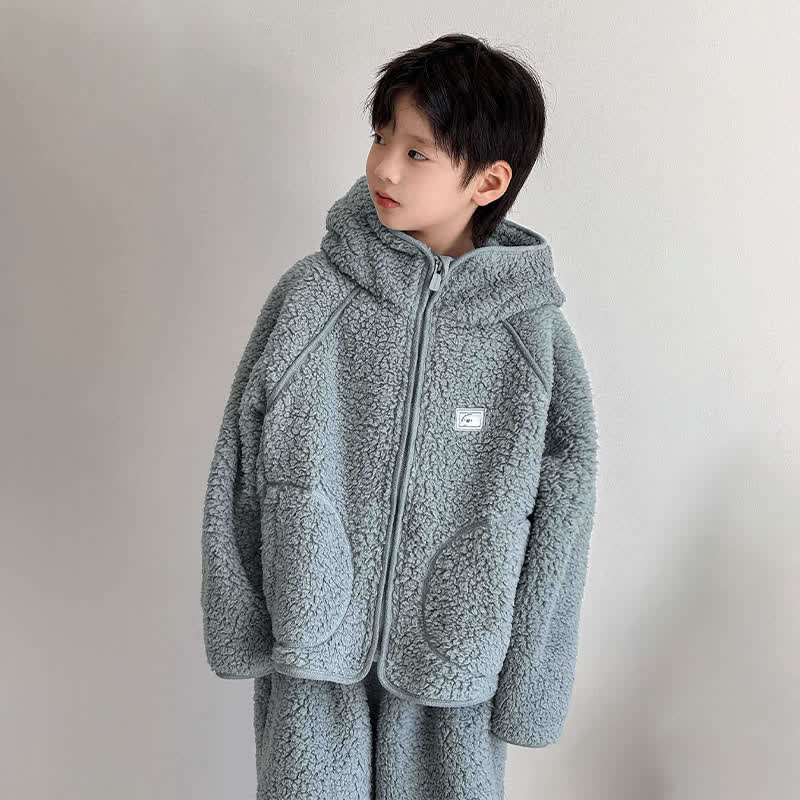 Solid Zip-up Hooded Child Loungewear Set - image 3