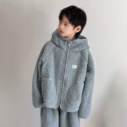 Solid Zip-up Hooded Child Loungewear Set - image 3