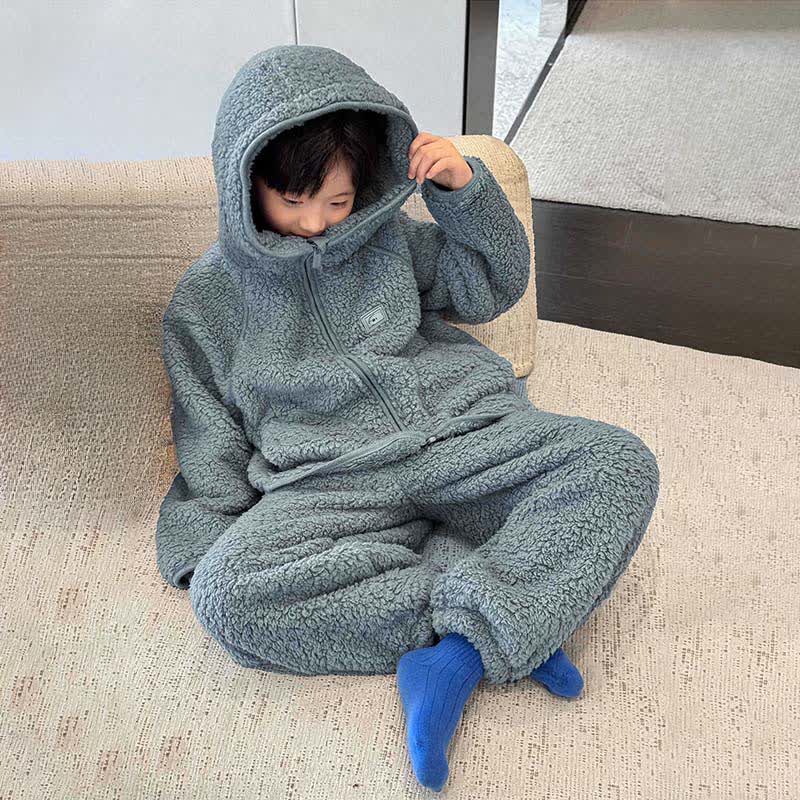 Solid Zip-up Hooded Child Loungewear Set - image 4