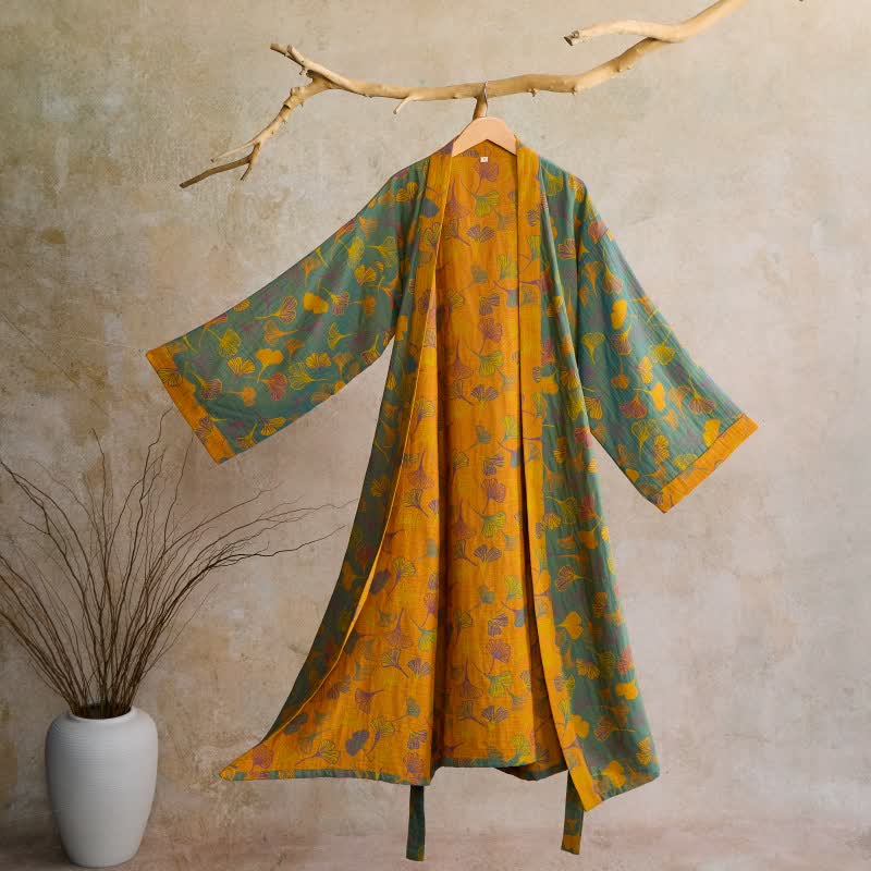 Ginkgo Biloba Cotton Gauze Kimono Robe - Green & Orange - 2XL - image 48