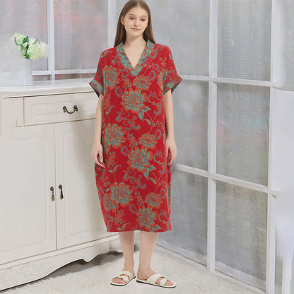 Floral Double-Layer Cotton Gauze Nightgown - Red - XL - image 0