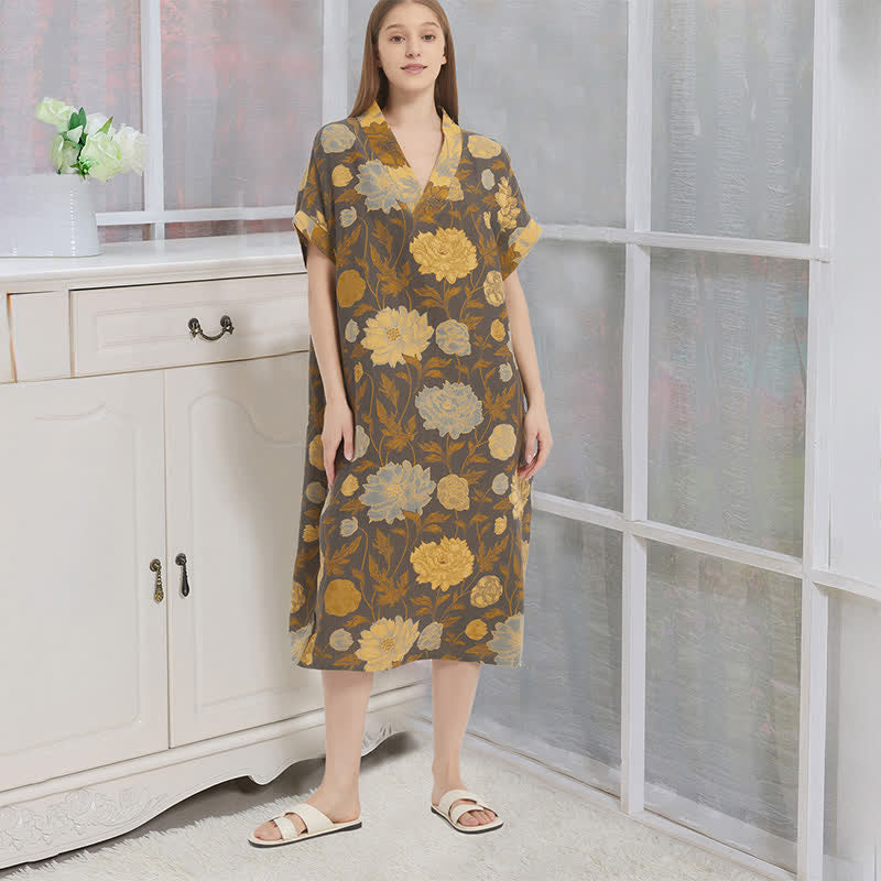 Vintage Peony Jacquard V-Neck Nightgown - Gray & Yellow - XL - image 0