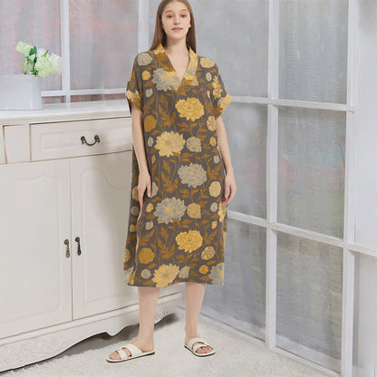 Vintage Peony Jacquard V-Neck Nightgown - Gray & Yellow - XL - image 0