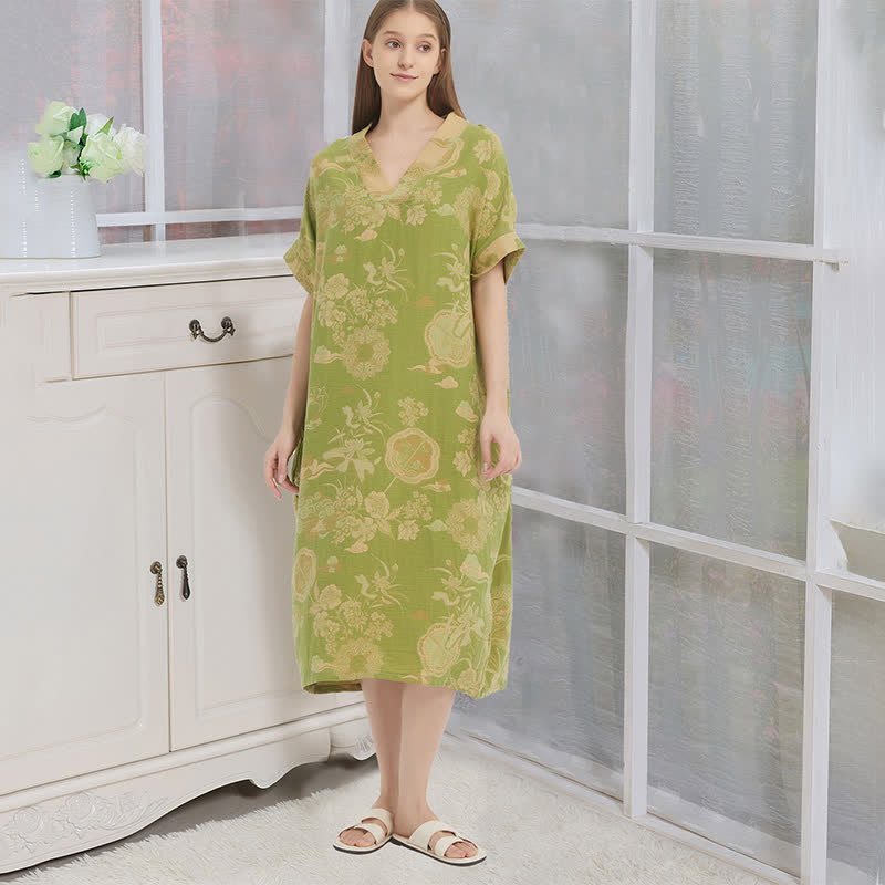 Floral Cotton Double-Gauze Kaftan Nightgown - Green - XL - image 0