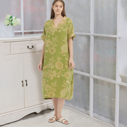 Floral Cotton Double-Gauze Kaftan Nightgown - Green - XL - image 0