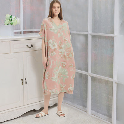 Jacquard Double-Layer Gauze Floral Nightgown - Pink - XL - image 0