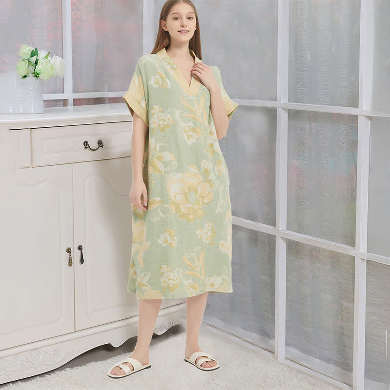 Jacquard Double-Layer Gauze Floral Nightgown - Green - XL - image 4