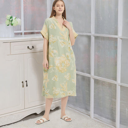 Jacquard Double-Layer Gauze Floral Nightgown - Green - XL - image 4