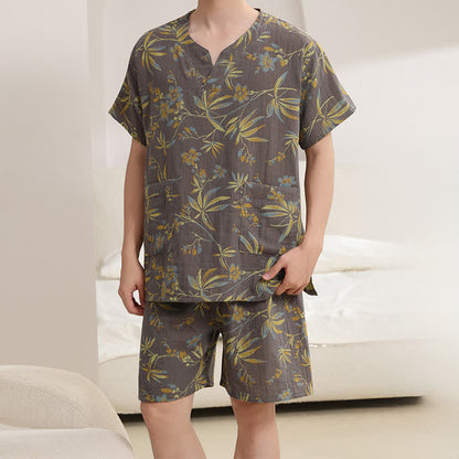 Breathable Cotton Gauze Kimono Pajama Set - Gray - Men : L - image 8