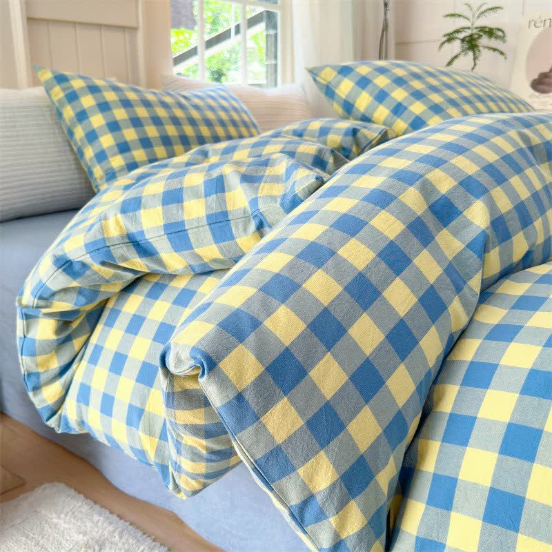 Checkered Pattern Pure Cotton Bedding Set - Blue & Yellow - Bedding Set - King - image 0