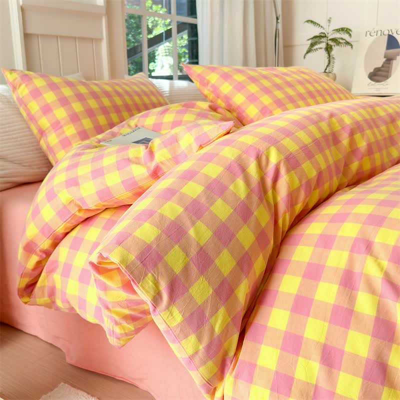 Checkered Pattern Pure Cotton Quilt Covers Bedding Set - Pink & Yellow - Bedding Set - Queen - image 0