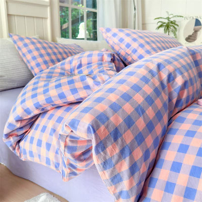 Checkered Pattern Pure Cotton Quilt Covers Bedding Set - Purple & Pink - Bedding Set - Queen - image 9