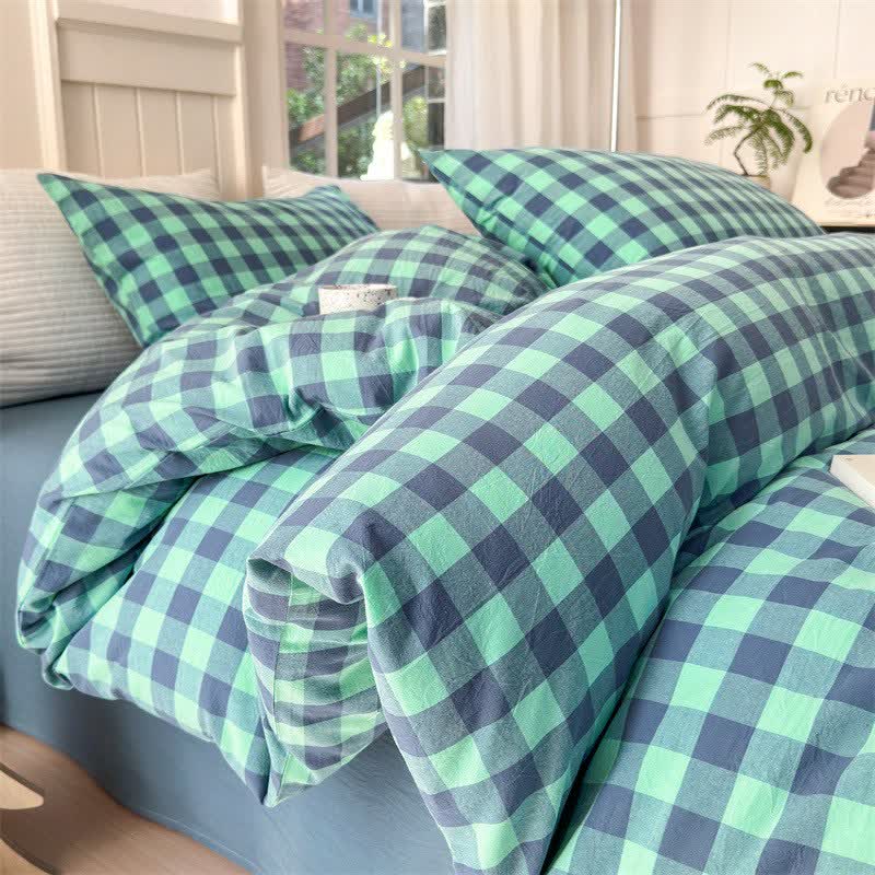 Checkered Pattern Pure Cotton Bedding Set - Blue & Green - Bedding Set - King - image 7