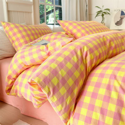 Checkered Pattern Pure Cotton Bedding Set - Pink & Yellow - Bedding Set - King - image 9