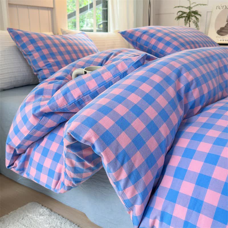 Checkered Pattern Pure Cotton Bedding Set - Blue & Purple - Bedding Set - King - image 5