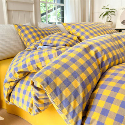 Checkered Pattern Pure Cotton Bedding Set - Purple & Yellow - Bedding Set - King - image 8