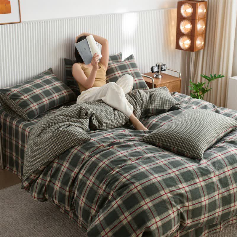 Large-Scale Checkered Cotton Bedding Set - Green - King - image 4