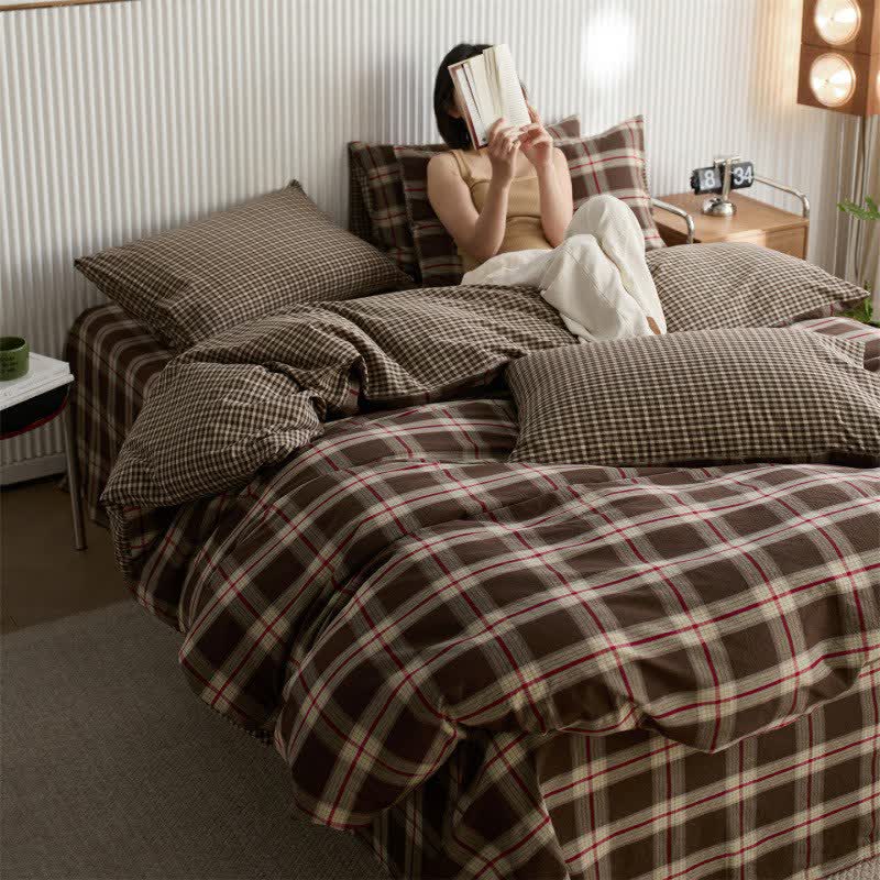 Large-Scale Checkered Cotton Bedding Set - Coffee - King - image 0