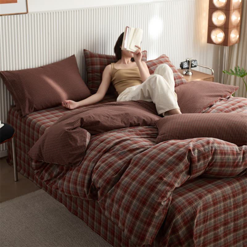 Vintage Subtle Plaid Cotton Bedding Set - Red - Queen - image 0