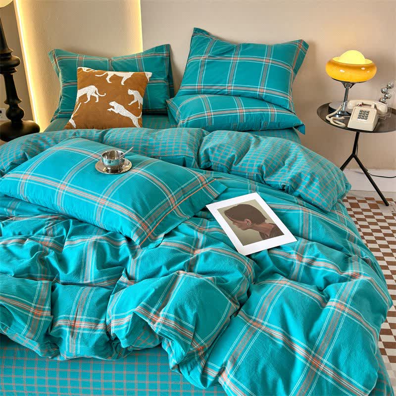 Reversible Oversized Grid Cotton Bedding Set - Dark Green - Bedding Set - King - image 1