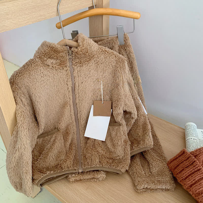 Solid Zip-up Kids Loungewear Set - Coffee - Child:150cm - image 13