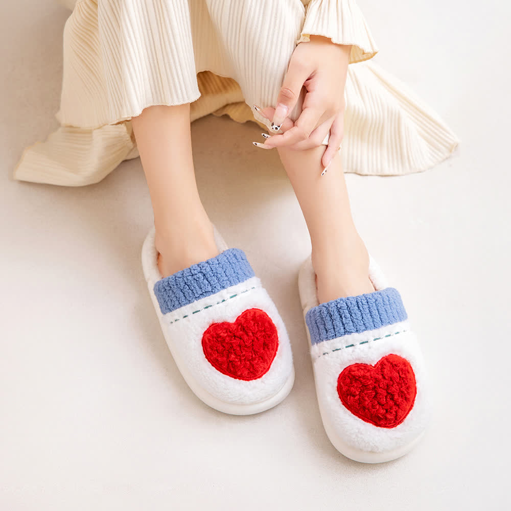 Heart Pattern Plush House Slippers - Red&Blue - XL - image 0