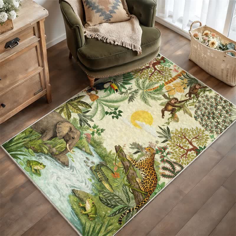 Tropical Wildlife Scene Rectangle Area Rug - Beige - 95" x 119" - image 0