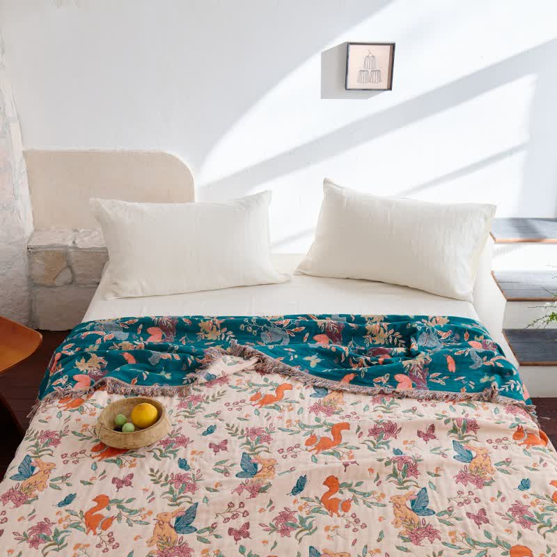 Squirrel Butterfly Floral Cotton Gauze Quilt - image 3