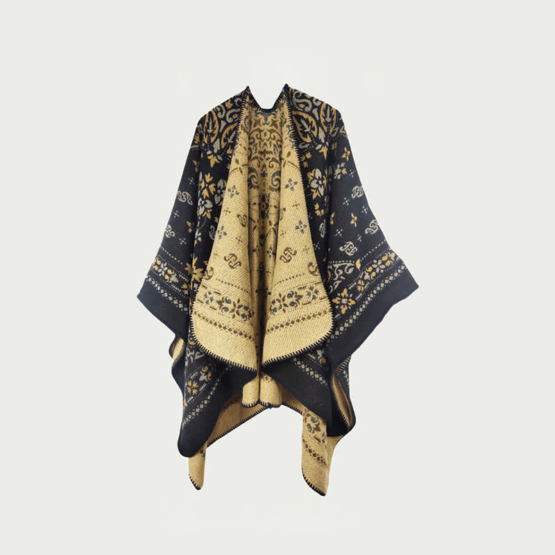 Reversible Vintage Pattern Shawl Cape - Navy - 59" x 47" - image 1