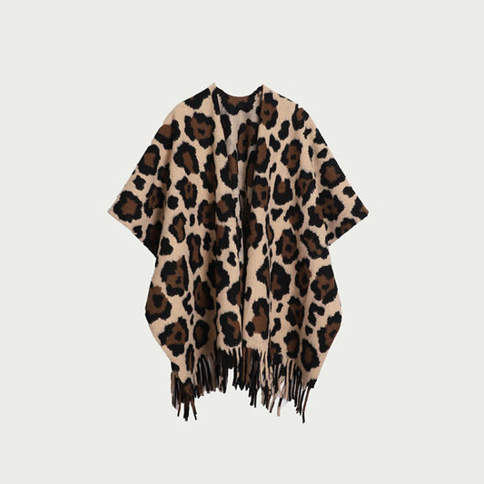 Modern Leopard Print Fringe Shawl Blanket - Camel - 59" x 47" - image 0
