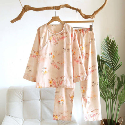 Oriental Pink Leaf Cotton Loungewear Set - Beige - XL - image 0