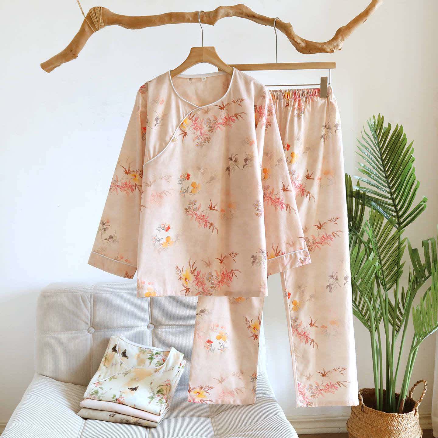 Oriental Pink Leaf Cotton Loungewear Set - image 1