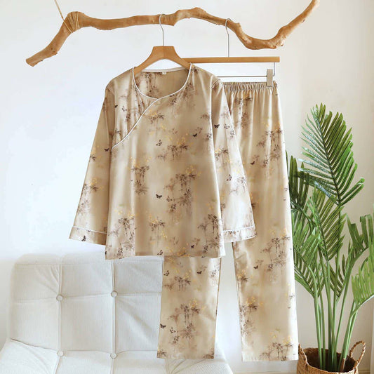 Oriental Bamboo Butterfly Cotton Loungewear Set - Light Coffee - XL - image 0